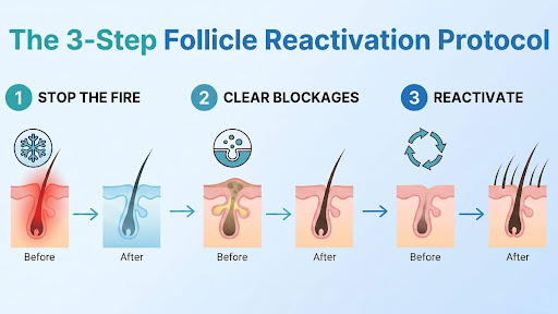The 3-step follicle reactivation protocol: stop the fire, clear blockages, reactivate