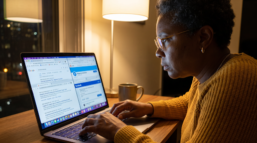 Woman researching hair loss late at night on a laptop