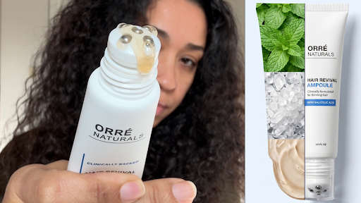 OrréNaturals Hair Revival Ampoule held up beside the product packaging